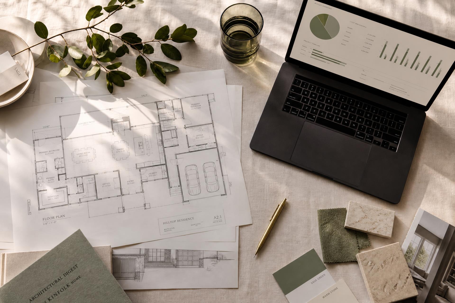 Architectural floor plans and laptop on a linen surface with sage and stone material samples