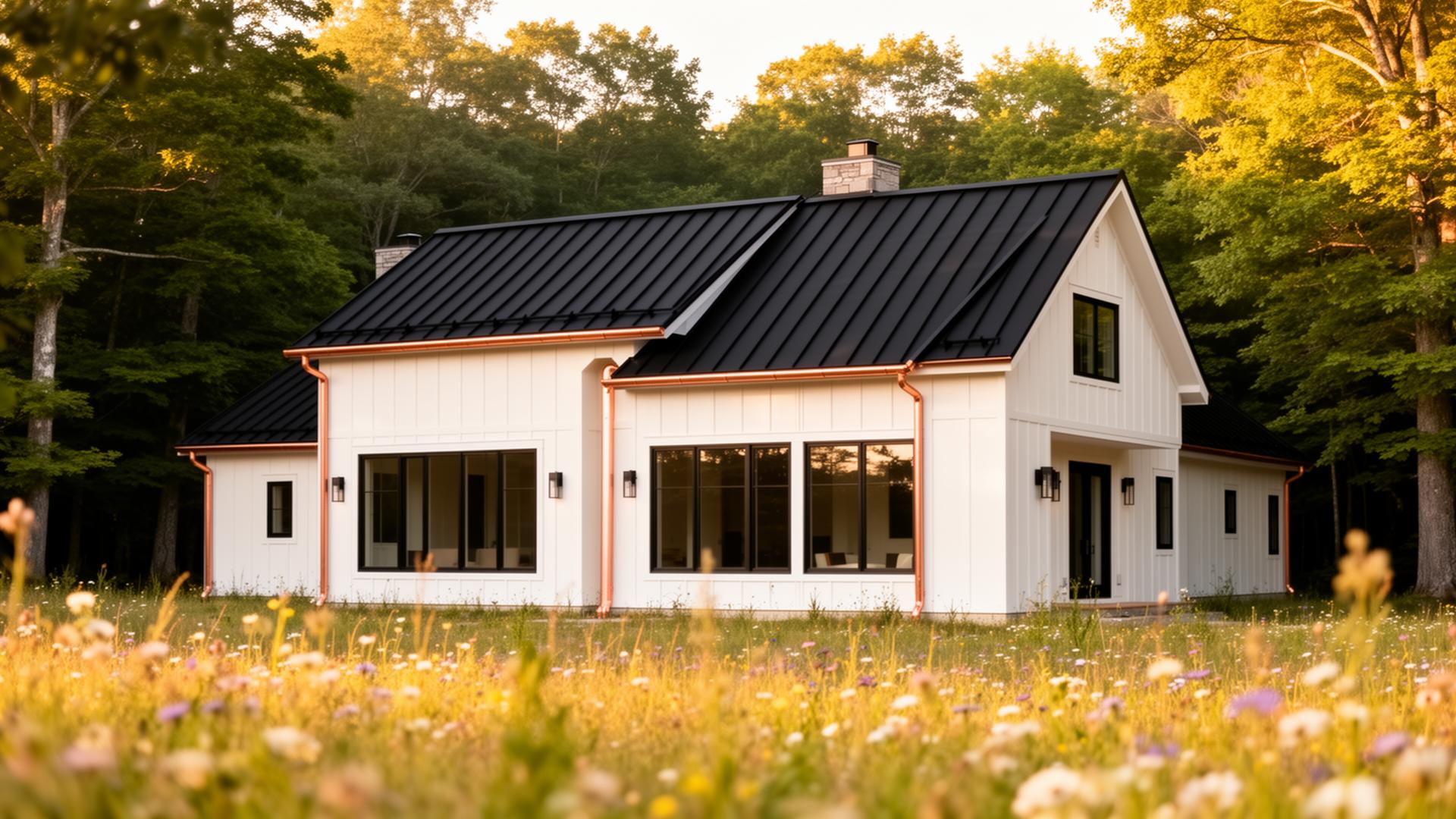 A modern white farmhouse custom home with black metal roof at golden hour.